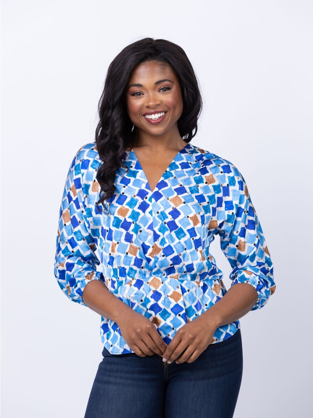 NIC+ZOE Mosaic Sofia Top Blue Multi Size Medium Peplum Blouse V-Neck 3/4 Sleeve